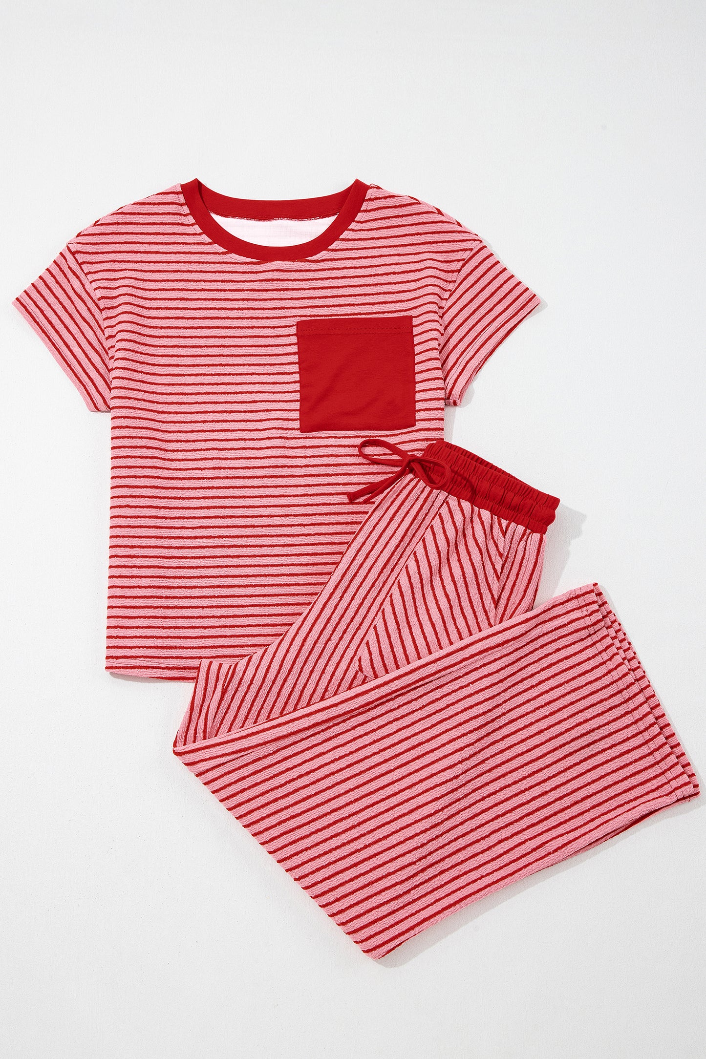 Khaki Stripe Crew Neck Tee Drawstring Waist Cropped Pants Set