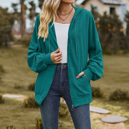 Oversized Textured Zip-Up Hoodie Jacket Pockets