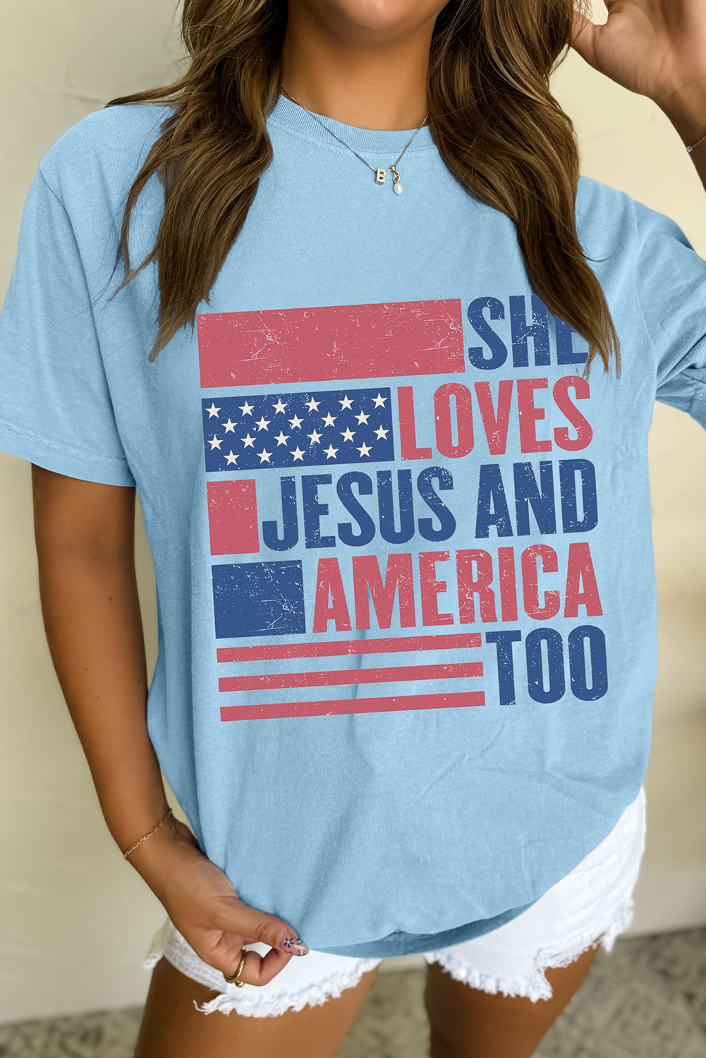 LOVES JESUS AND AMERICA TOO Patriotic Tee Flag Day