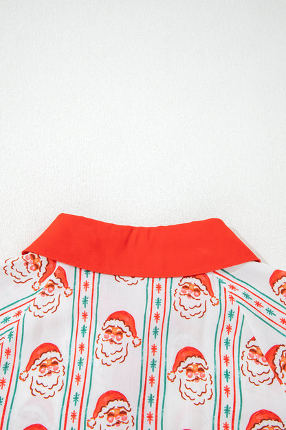 Santa Print Button Front Long Sleeve Christmas A Line Dress