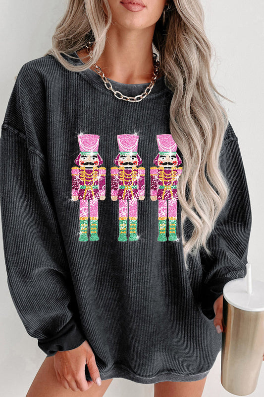Black Sequin Christmas Corded Oversized Sweatshirt
