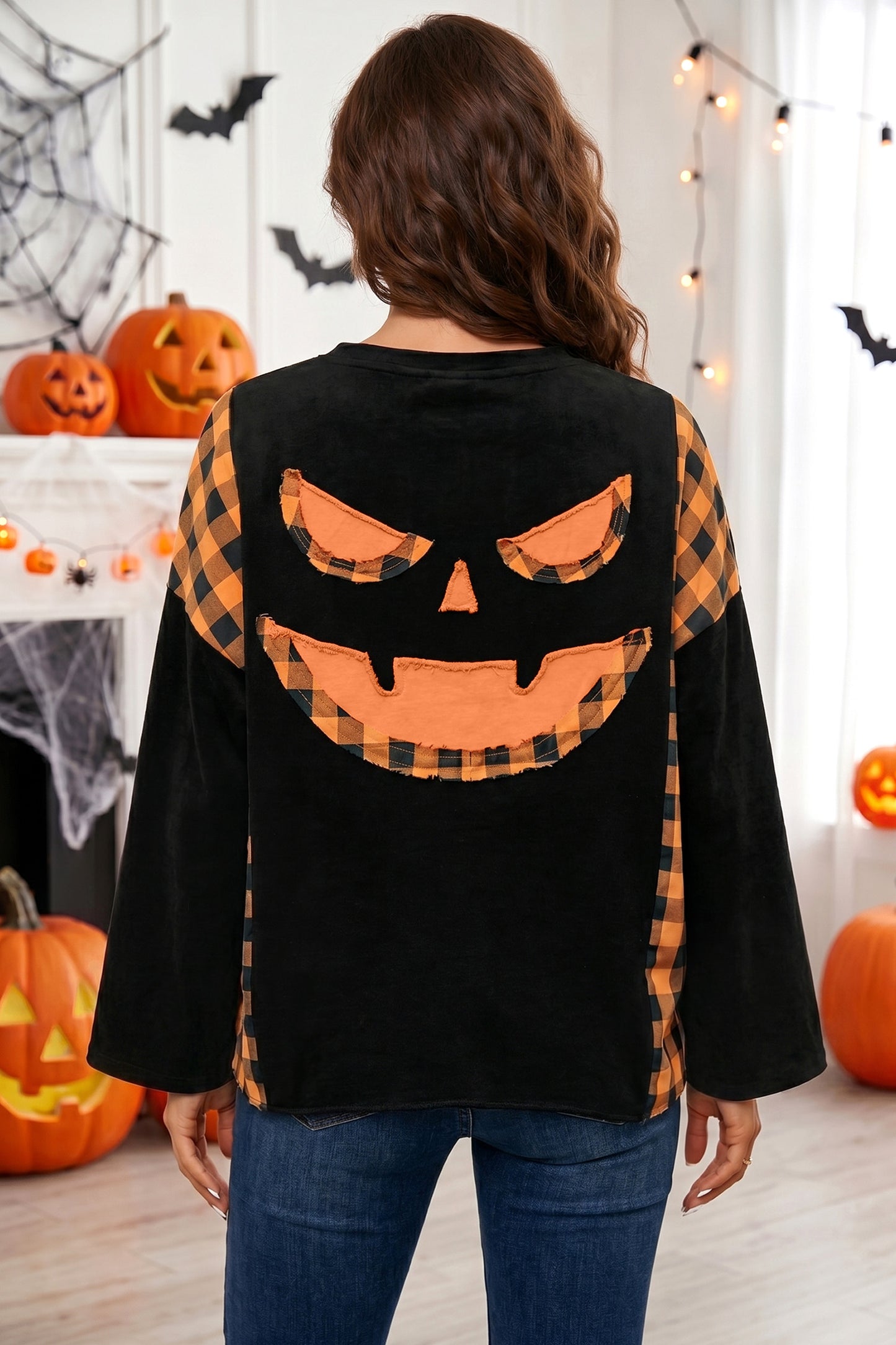 Halloween Pumpkin Face Plaid Patchwork Long Sleeve Top