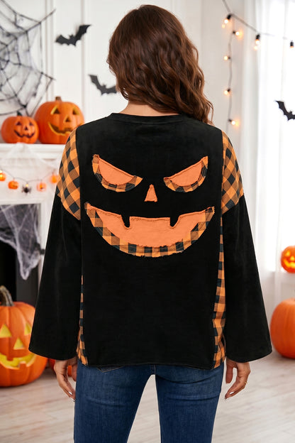 Halloween Pumpkin Face Plaid Patchwork Long Sleeve Top