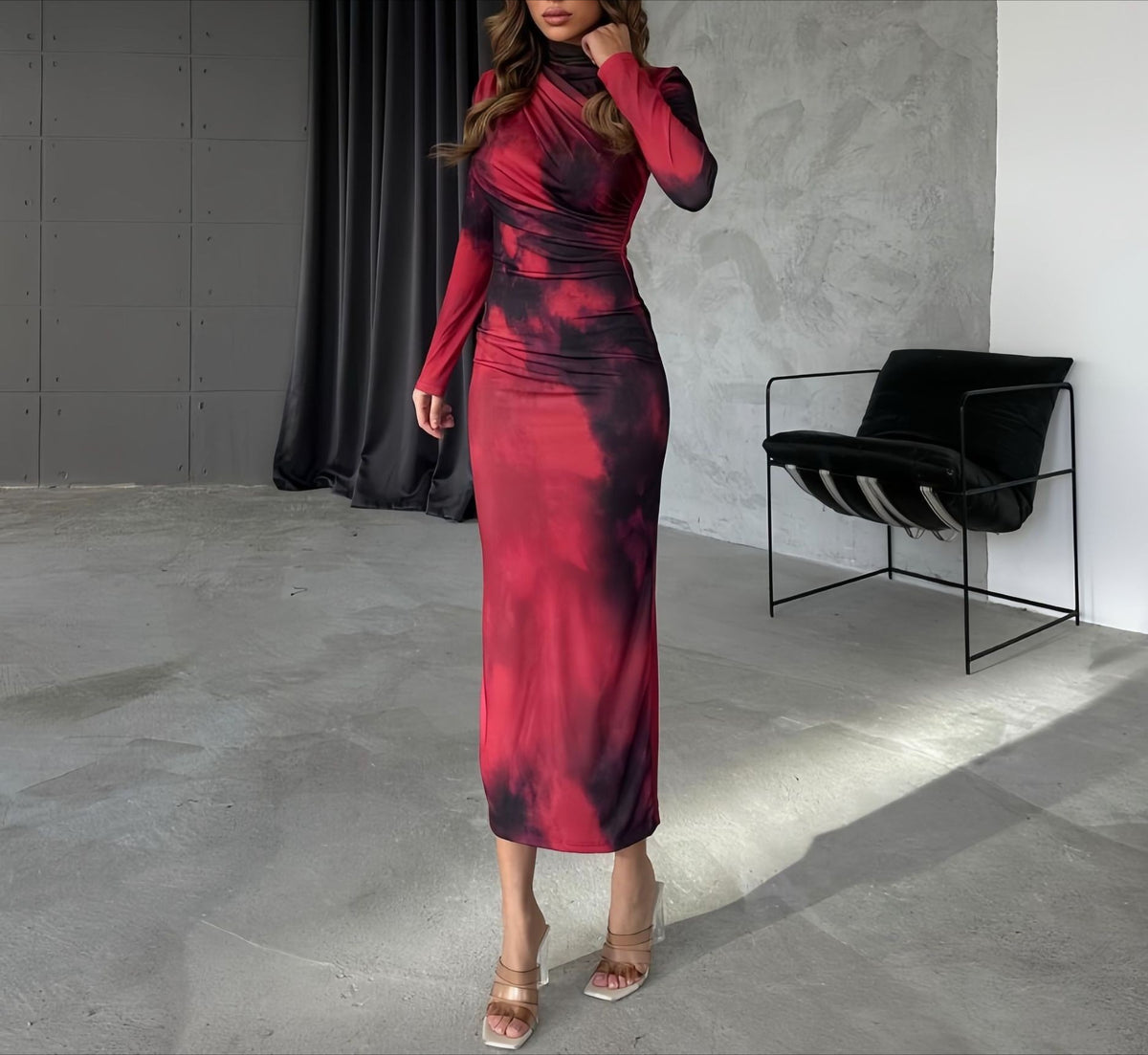 Women's Red Tie Dye Long Sleeve Ruched Bodycon Maxi Dress