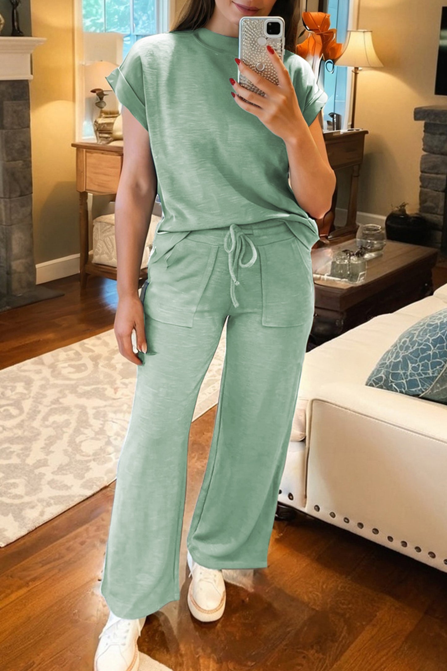 Cuffed Short Sleeve Tee Raw Seam Pocket Drawstring Pants Set