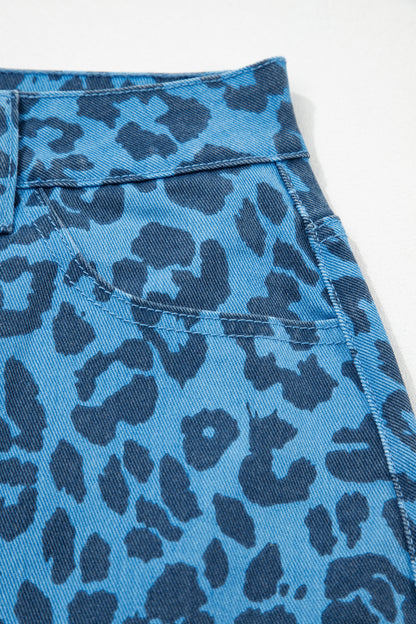 Brown Leopard Denim Frayed Split Denim Midi Skirt