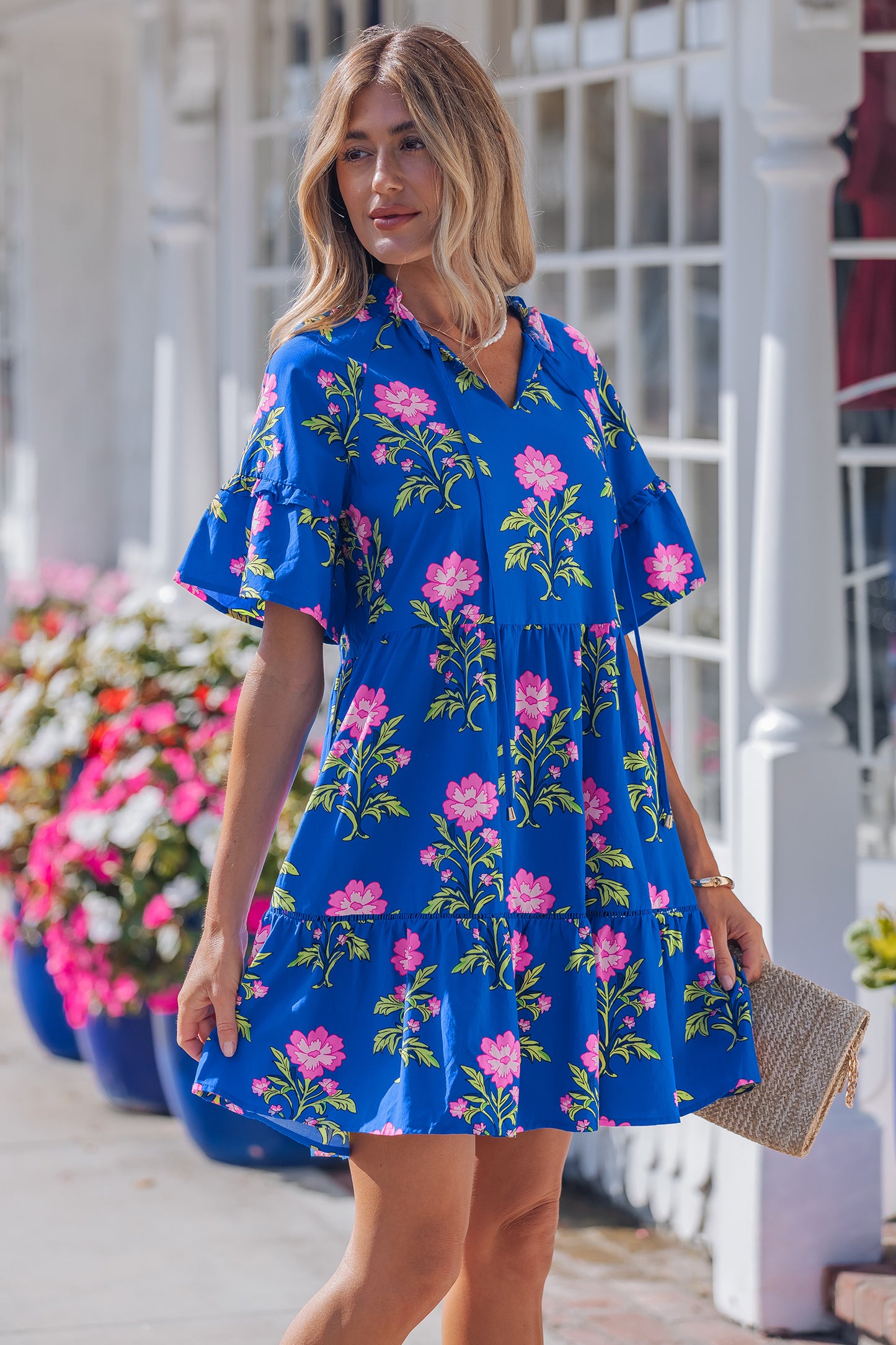 Floral Print V Neck Short Sleeve Tiered Mini Dress