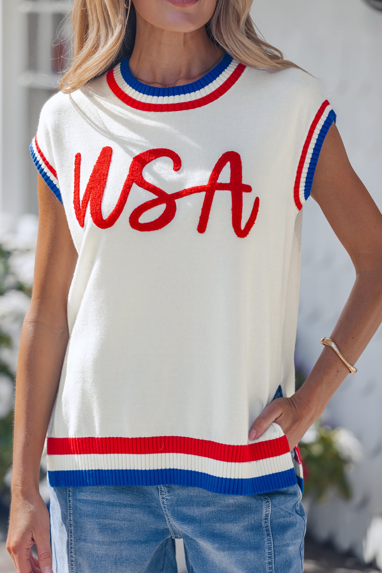 USA Graphic Knit Top Patriotic Flag Day Sweater