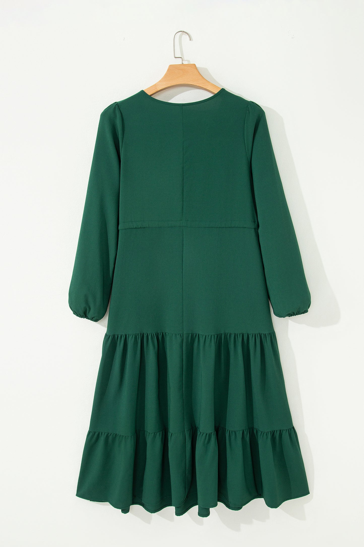 Chestnut Solid Long Sleeve Button V Neck Tiered Maxi Dress
