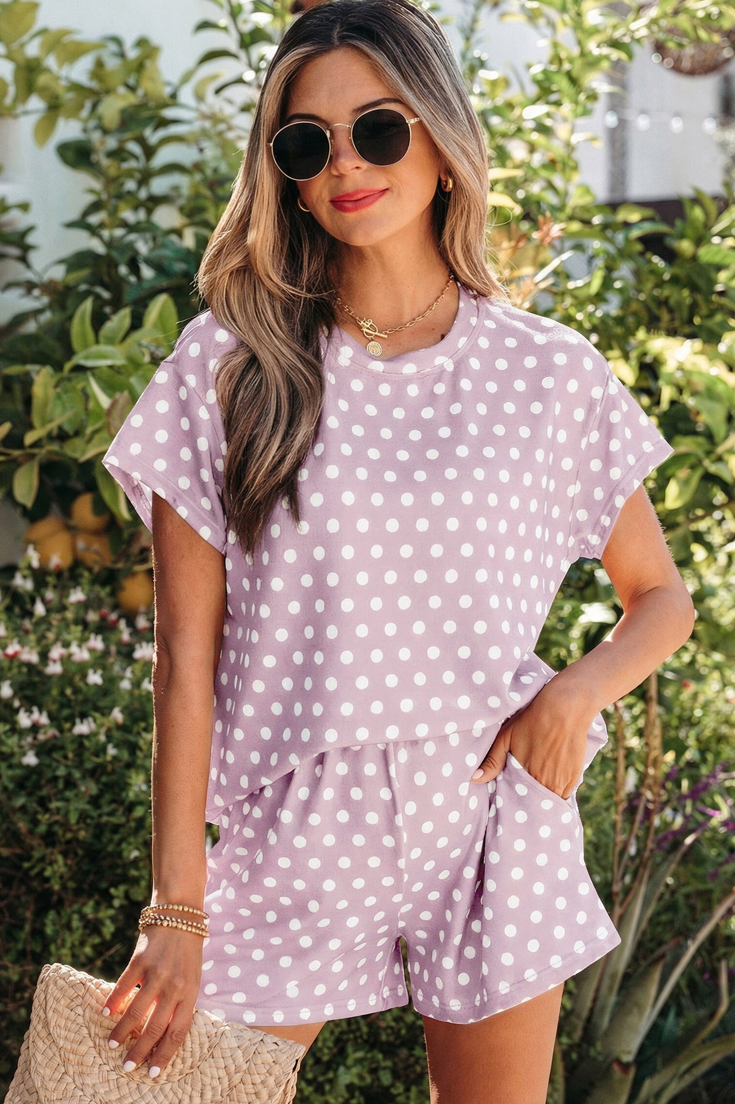 Polka Dot Lounge Short Set Casual Two Piece Outfit