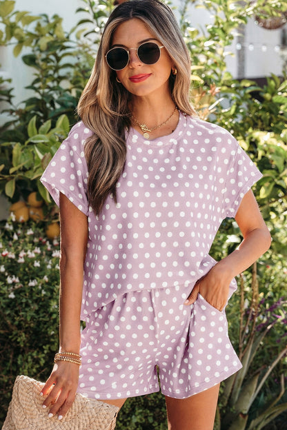 Polka Dot Lounge Short Set Casual Two Piece Outfit