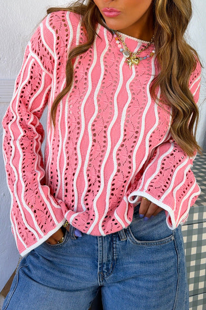 Women's Wavy Stripe Open Knit Pullover Sweater