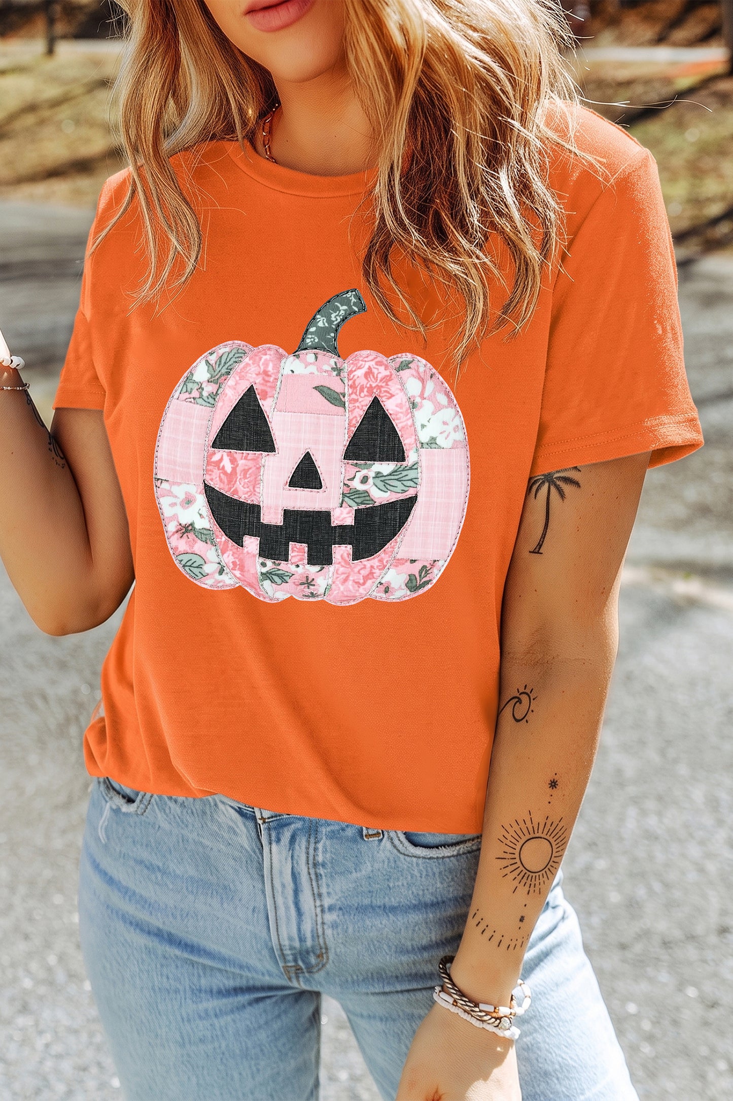 Floral Patchwork Pumpkin Graphic Halloween Tee