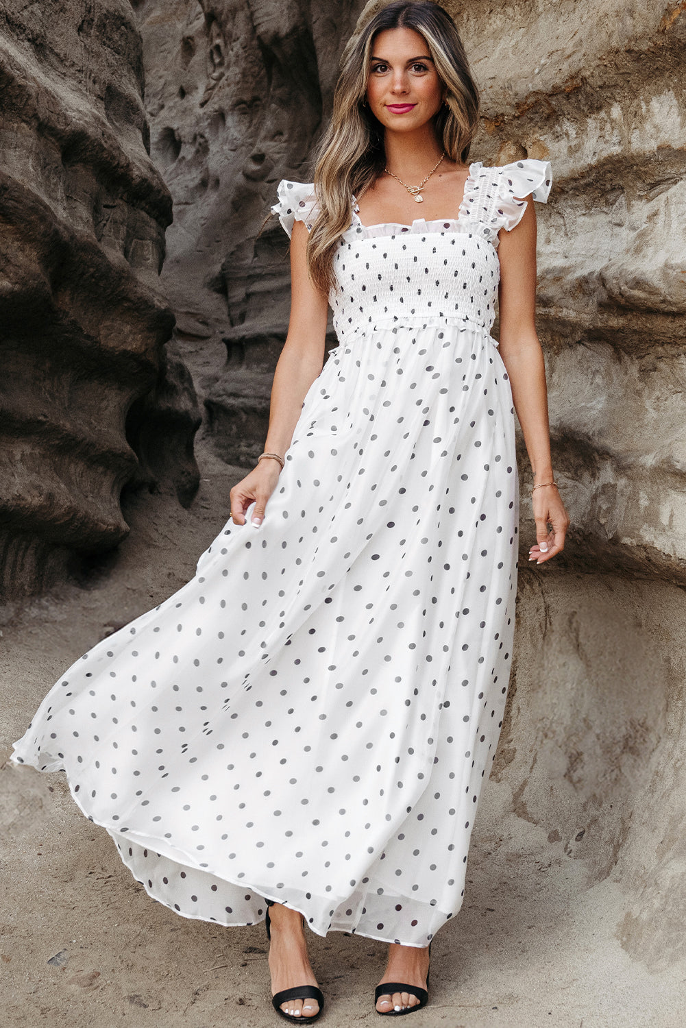 White Polka Dot Smocked Square Neck Flutter Maxi Dress