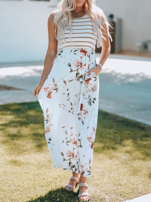 Striped Floral Sleeveless Maxi Dress with Pockets