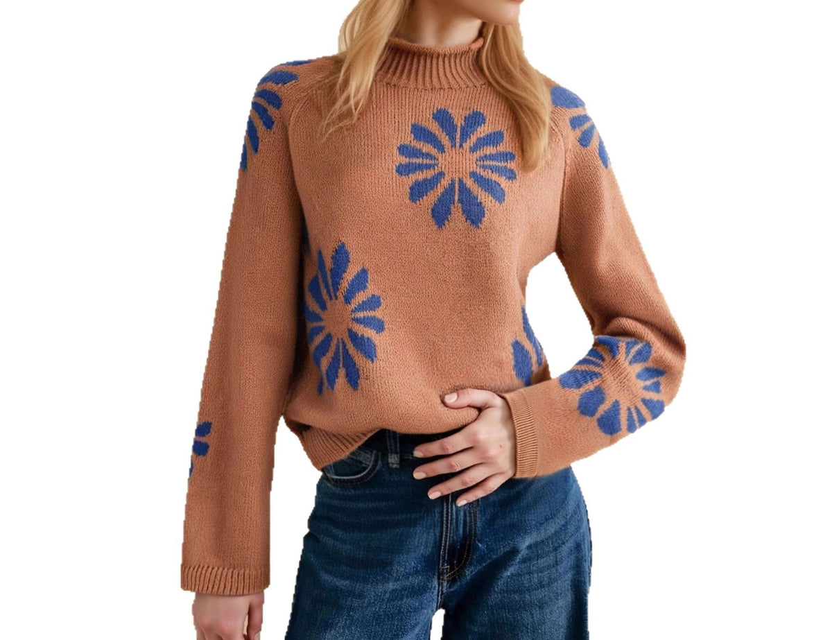Women's Oversized Floral Mock Neck Knit Sweater