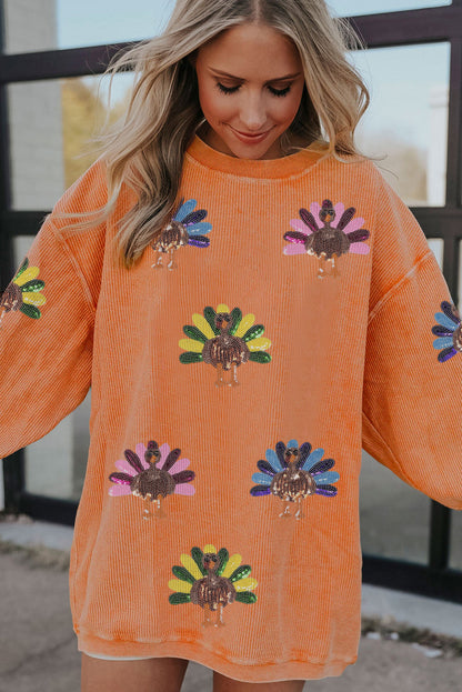 Sequined Turkey Corded Oversized Thanksgiving Sweatshirt