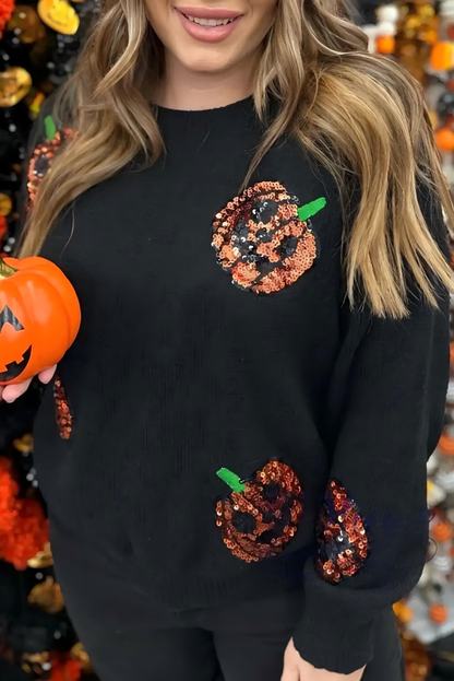 Plus Size Black Halloween Sequined Pumpkin Pattern Sweater