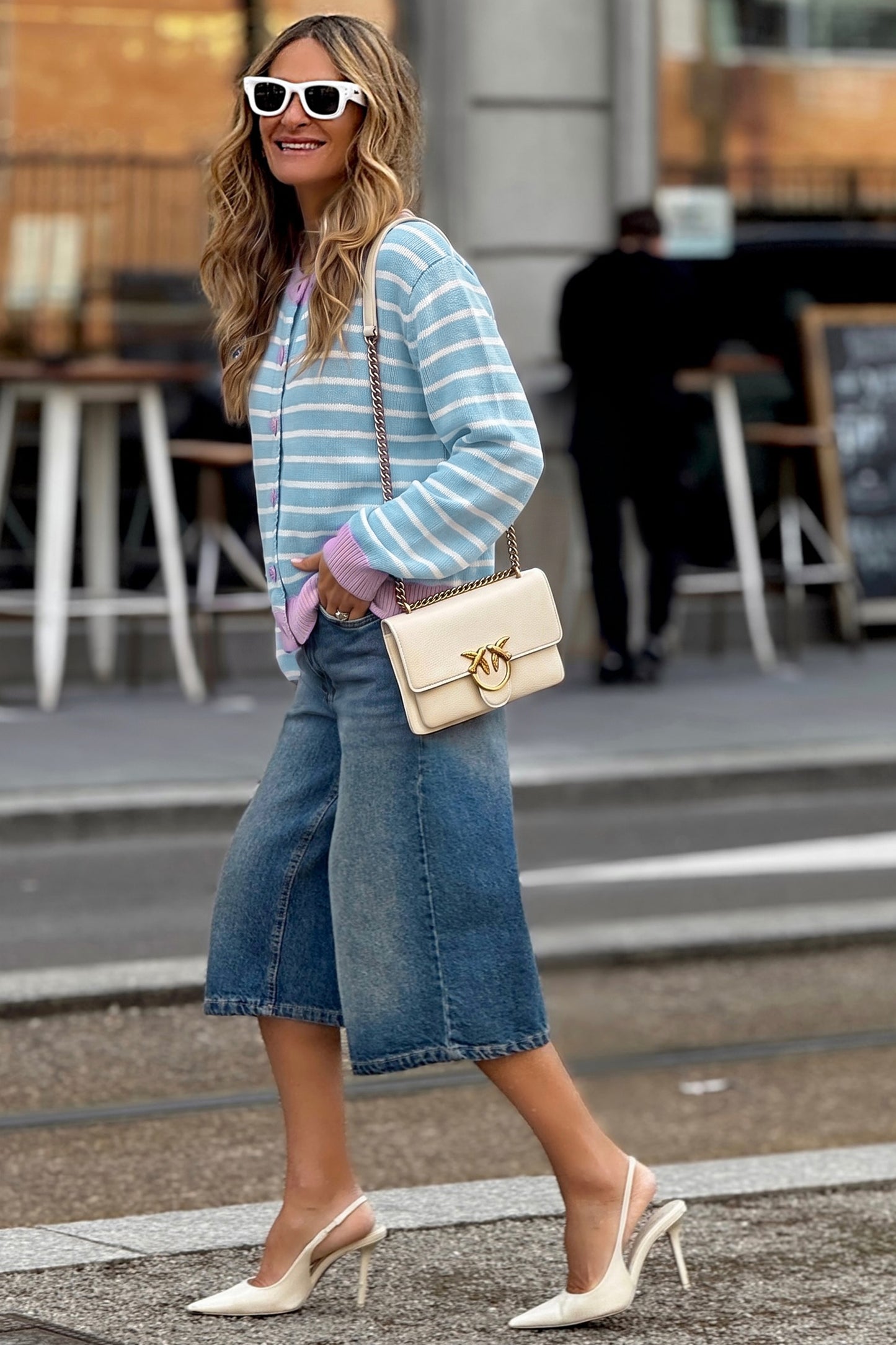 Sky Blue Pastel Stripe Button Knit Cardigan Sweater Top