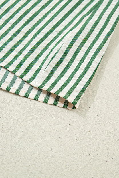 Khaki Striped Split Neck Puff Sleeve Blouse Top