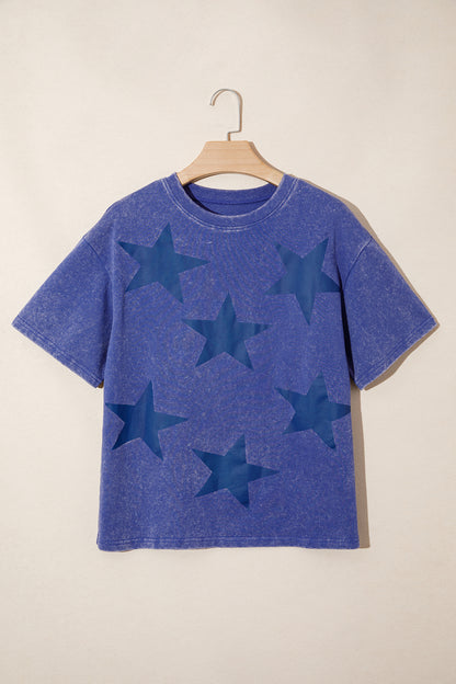 Blue Star Print Mineral Wash Flag Day Independence Tee