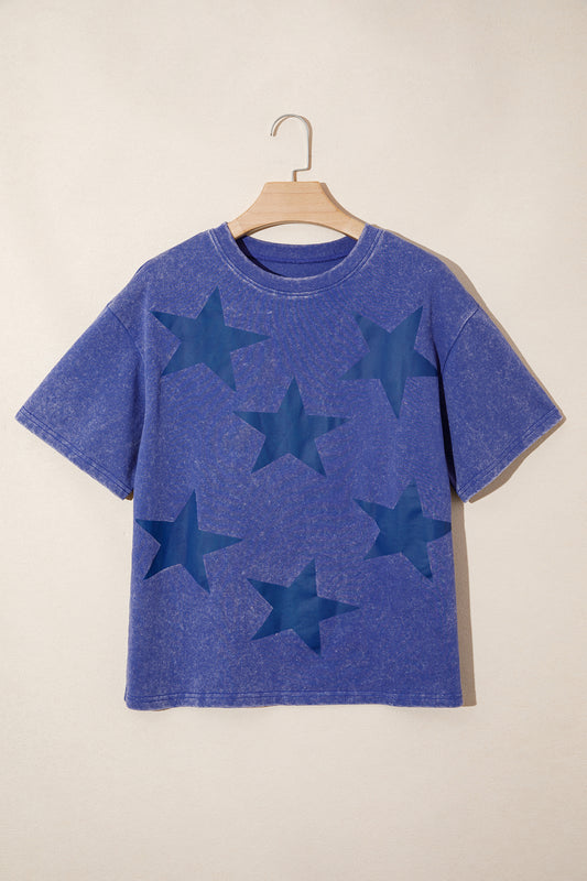 Blue Star Print Mineral Wash Flag Day Independence Tee