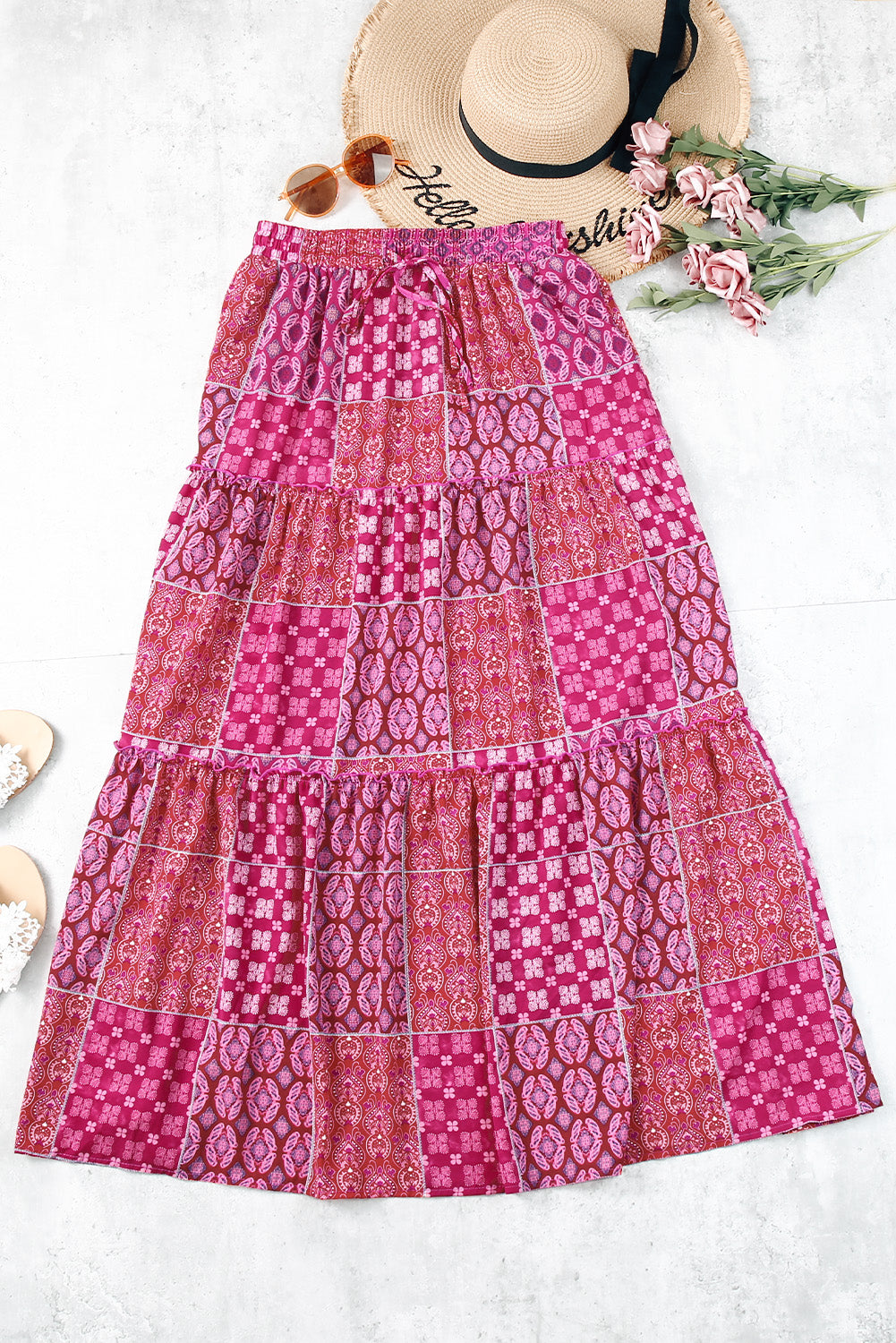 Paisley Print Tiered Maxi Skirt with Pockets