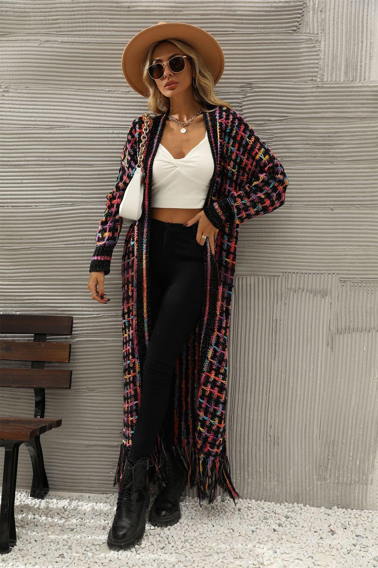 Fringe Knit Duster Cardigan - Colorful Boho Long Sweater