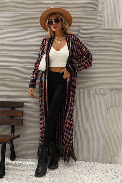Fringe Knit Duster Cardigan - Colorful Boho Long Sweater