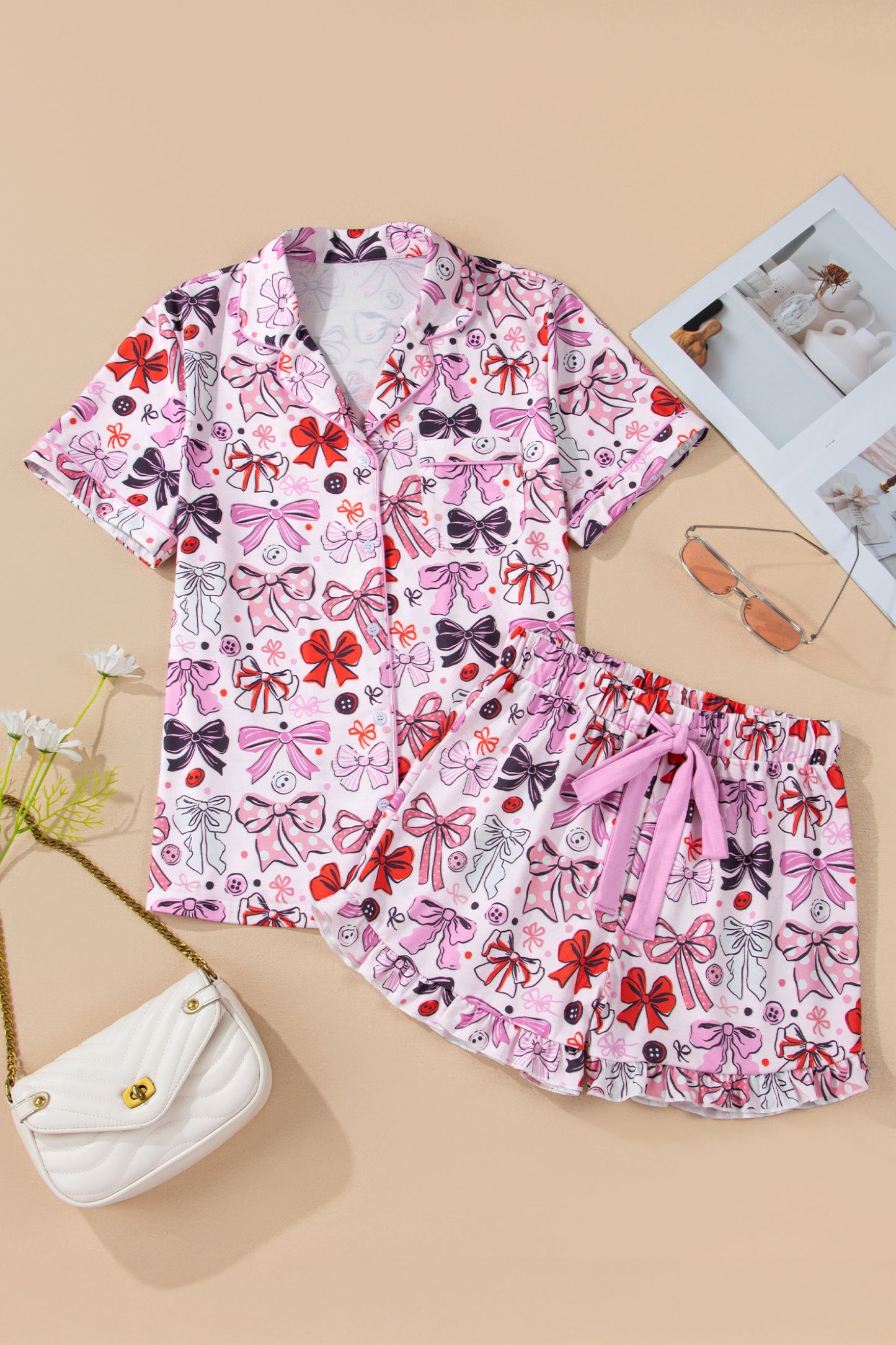 Pink Cute Ribbon Bows Printed Shirt Style 2pcs Pajama Set