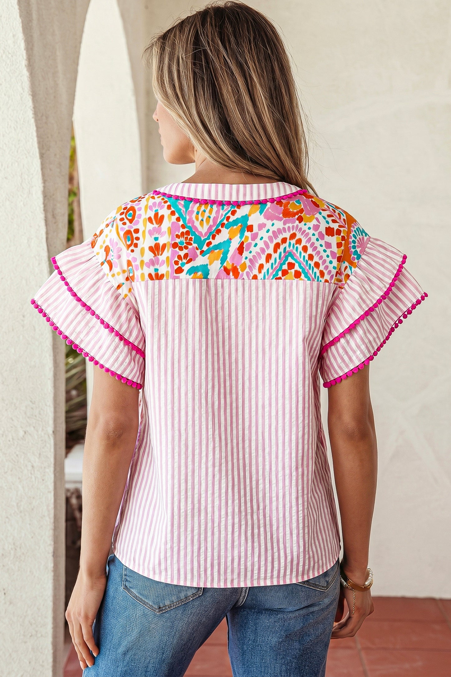 Boho Patchwork Print Flutter Sleeve V Neck Blouse