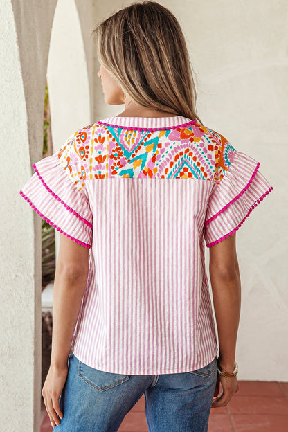 Boho Patchwork Print Flutter Sleeve V Neck Blouse