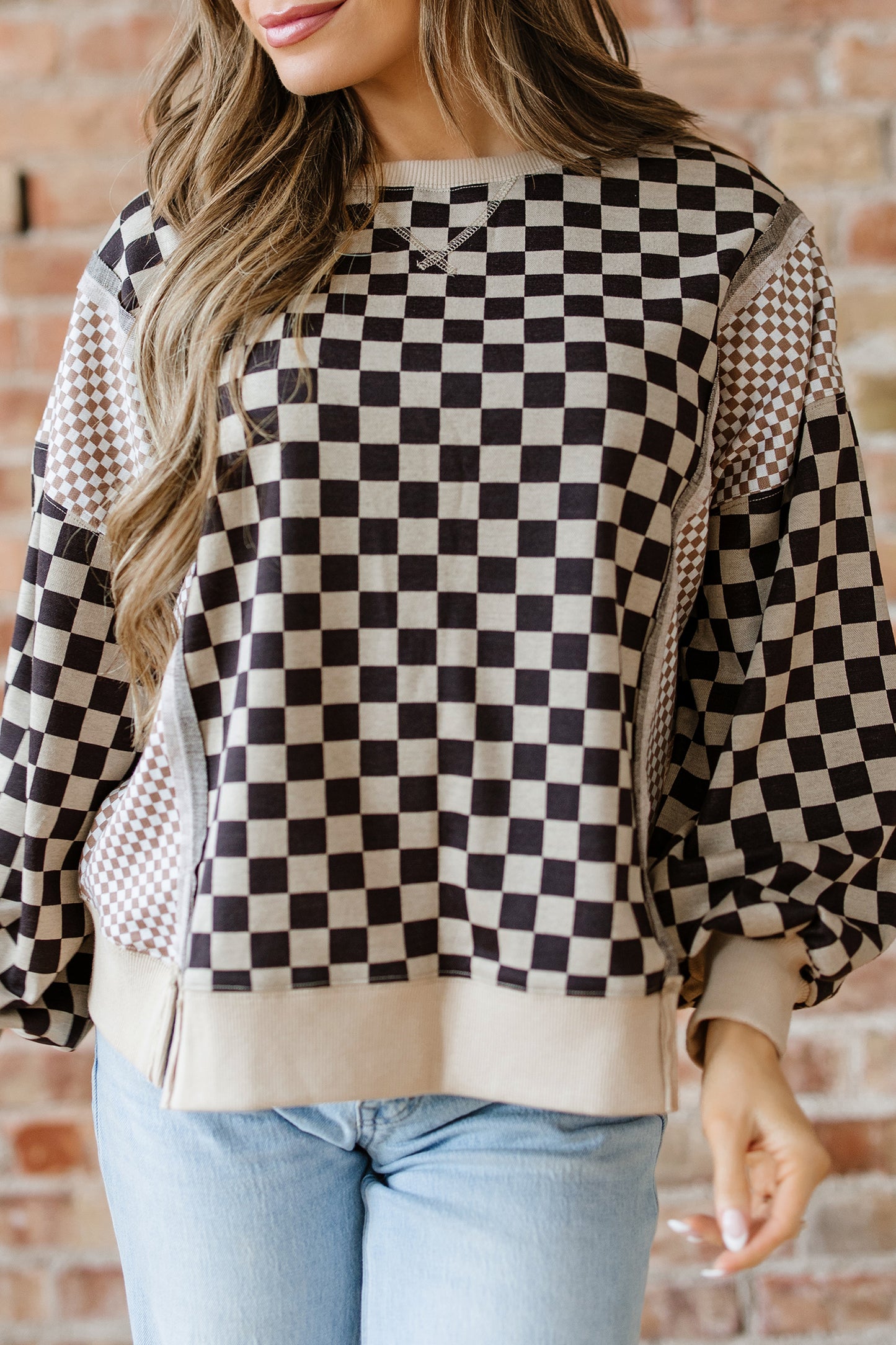 Khaki Checkered Patchwork High Low Round Neck Casual Top