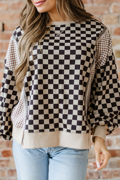 Khaki Checkered Patchwork High Low Round Neck Casual Top