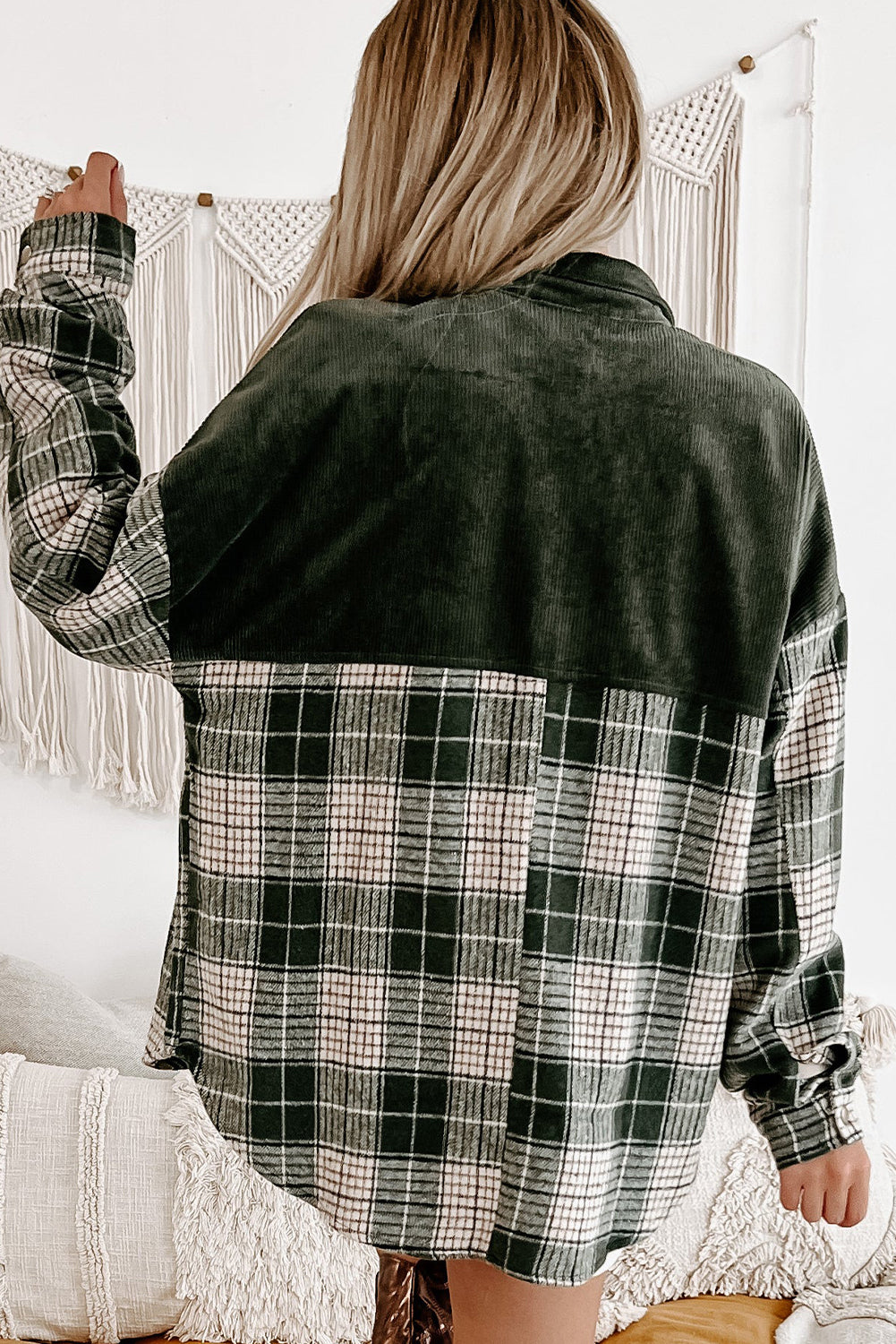 Blackish Green Snap Button Plaid Shacket with Corduroy Patchwork