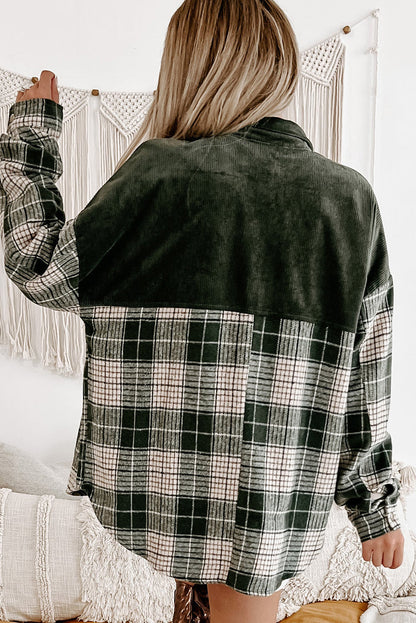 Blackish Green Snap Button Plaid Shacket with Corduroy Patchwork