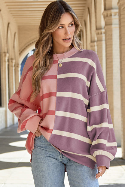 Neutral Colorblock Knit Sweater – Oversized Fit Pullover
