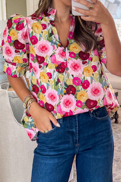 Pink Floral V Neck Puff Sleeve Blouse