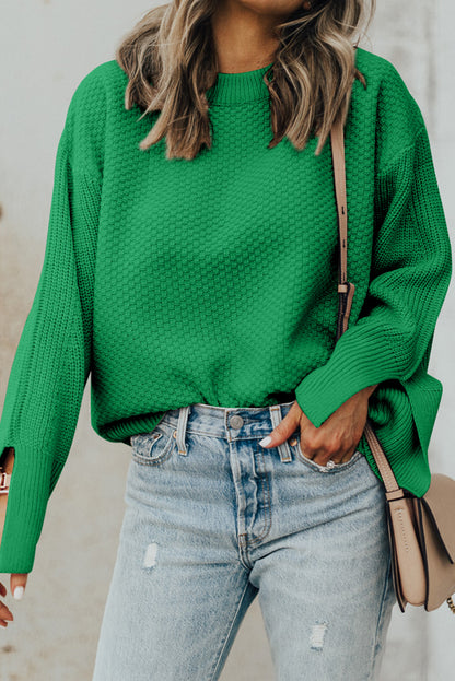 Green Textured Knit Drop Shoulder Split Cuff Oversized Sweater