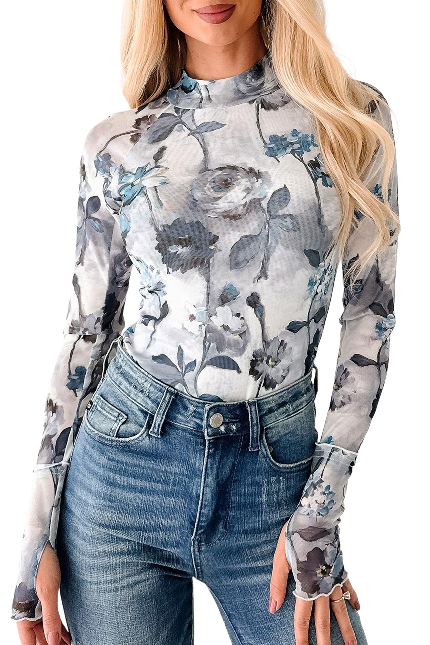 Blue Floral Mesh Mock Neck Long Sleeve Top
