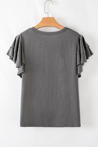 Dark Grey Ruffle Sleeve Casual Tee Boutique Summer Top