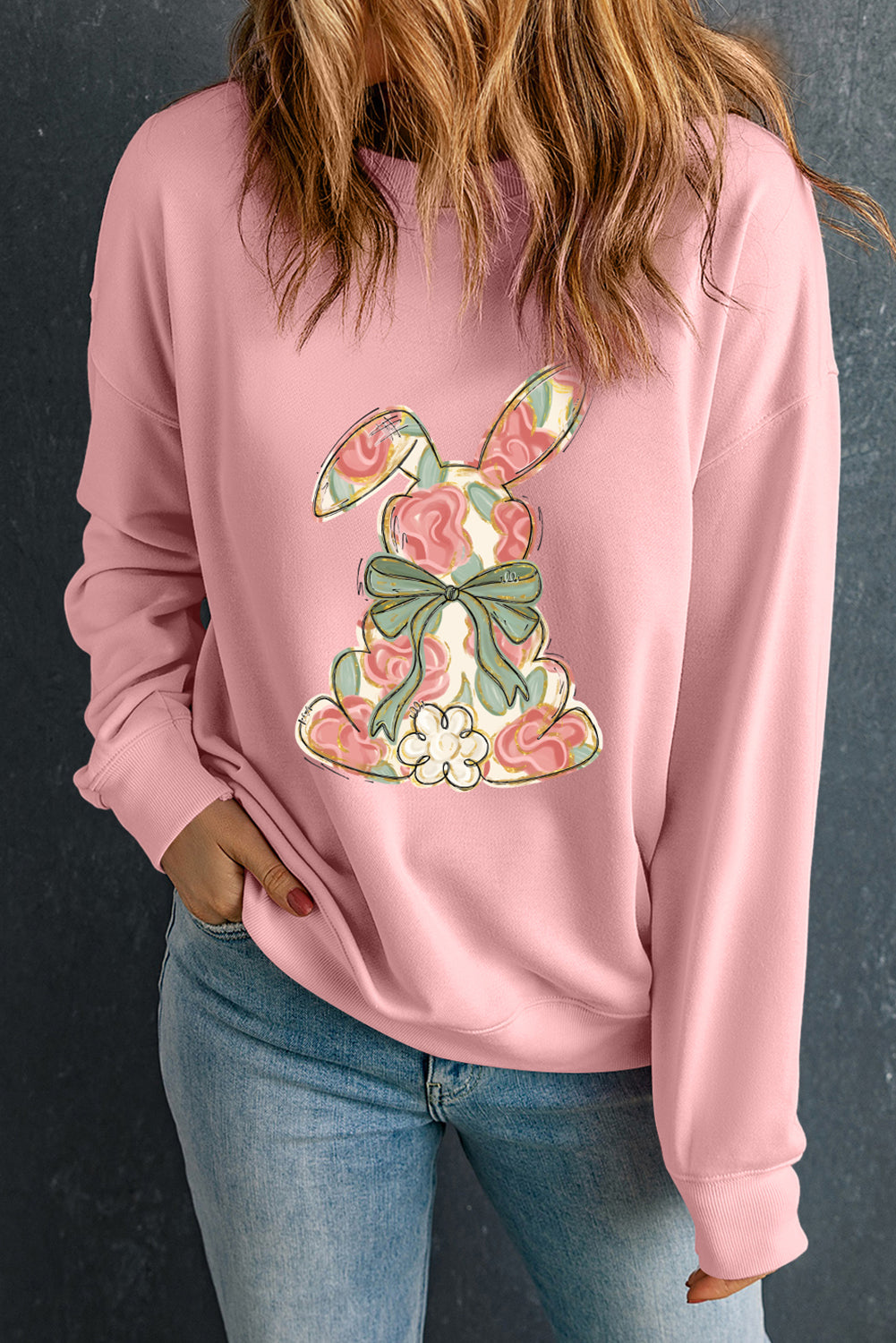 Easter Floral Bunny Bow Graphic Pink Casual Sweatshirt