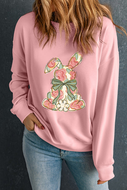 Easter Floral Bunny Bow Graphic Pink Casual Sweatshirt