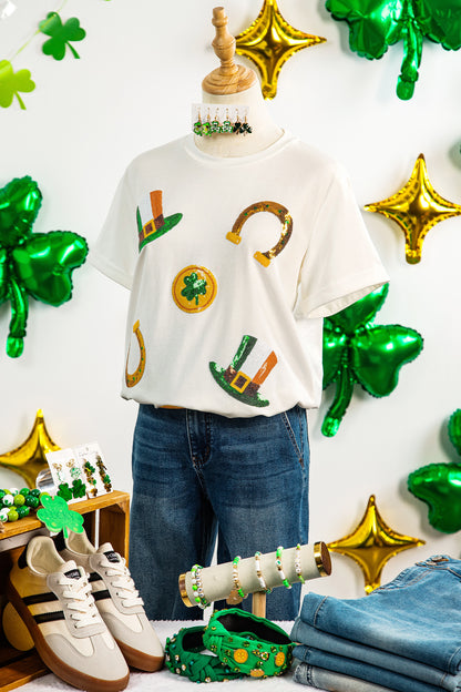St. Patrick’s White Sequin Clover Coin Graphic Tee