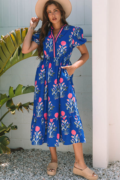 White Floral Contrast Trim V Neck Maxi Dress