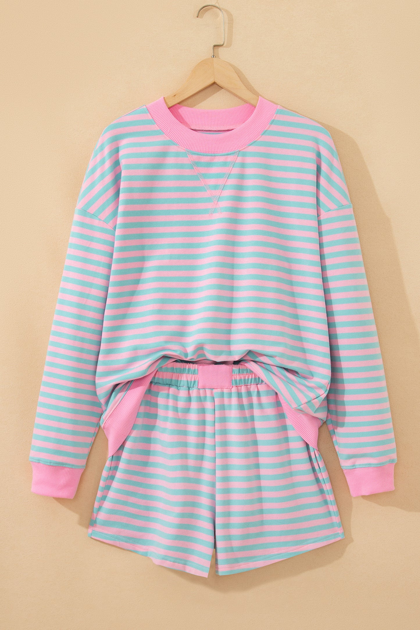 Striped Long Sleeve Pullover and Shorts Lounge Set