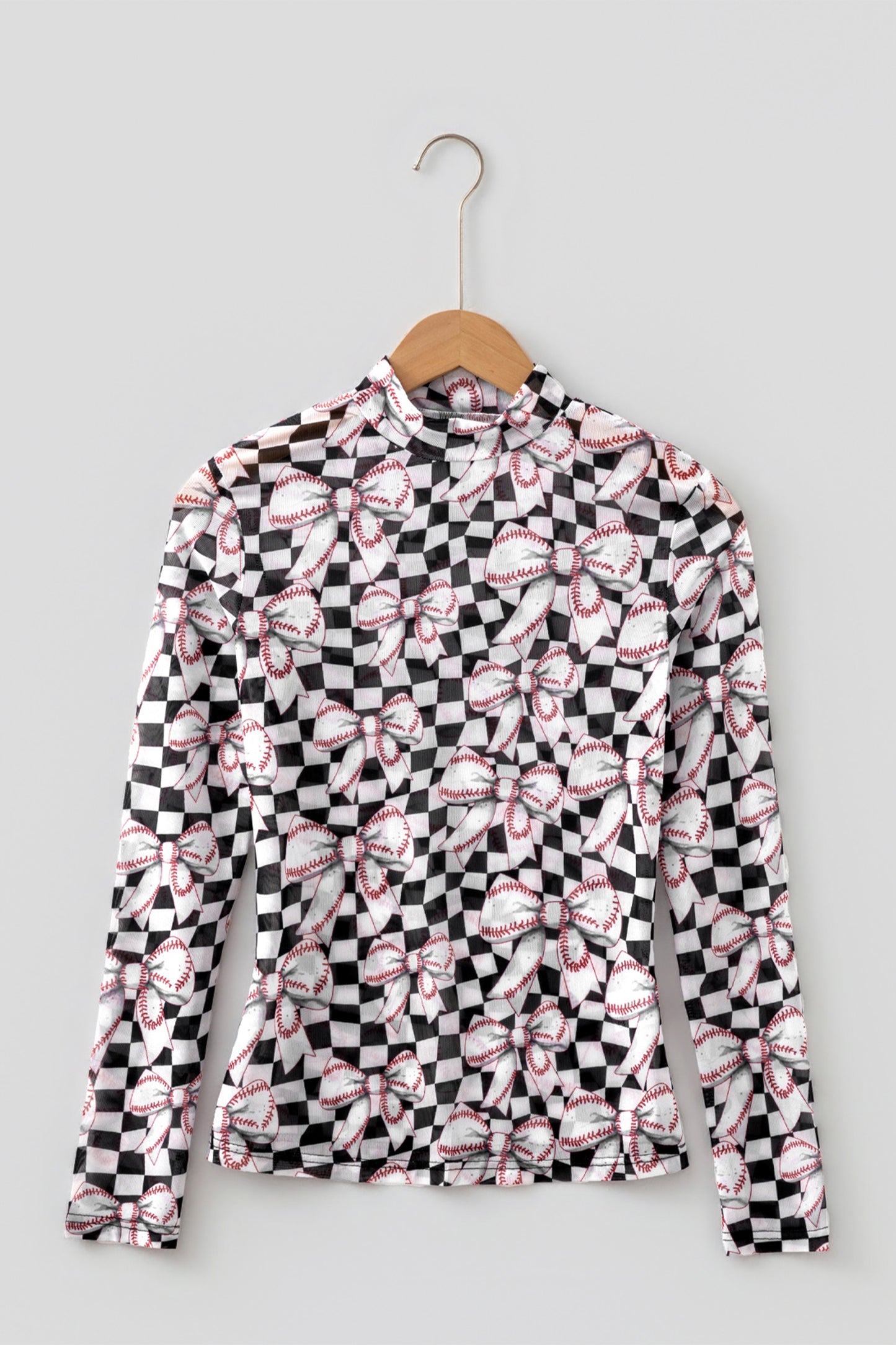 Black Game Day Baseball Bow Plaid Mock Neck Top