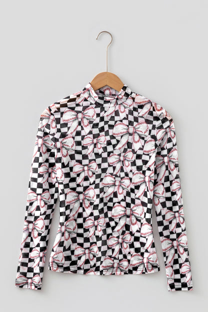 Black Game Day Baseball Bow Plaid Mock Neck Top
