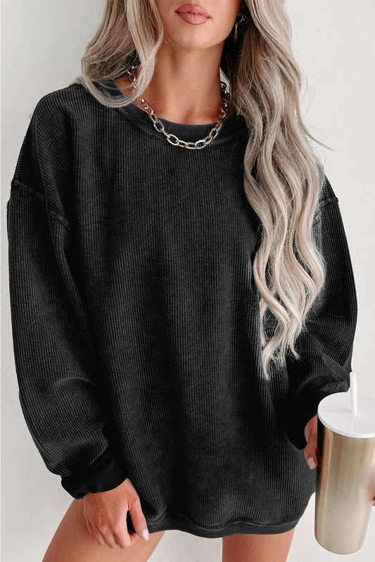 Black Ribbed Knit Crew Neck Oversized Sweatshirt