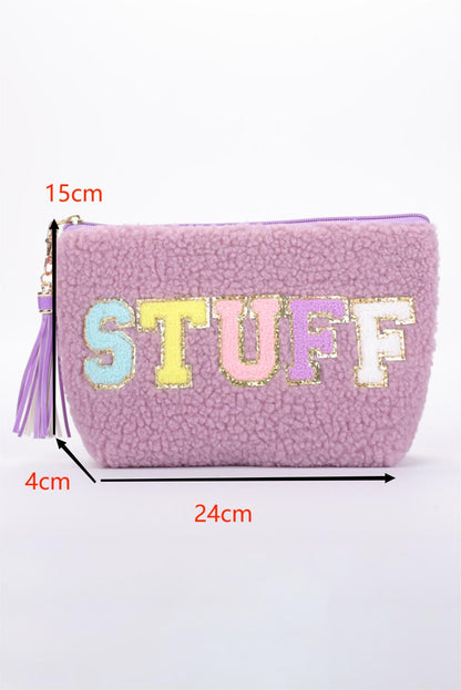 White Sparkle Letter Pattern Tassel Zipper Makeup Bag